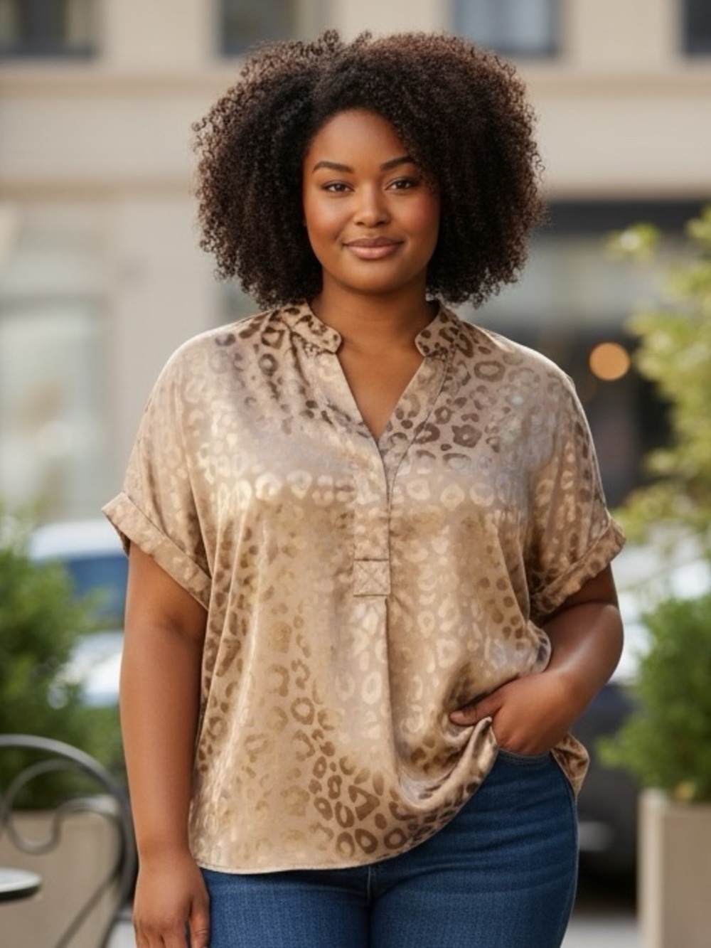 Truself Satin Leopard Print Short Sleeve Blouse - Taupe L